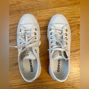 Converse All Star White Leather Platform Gold Eyelet Sneakers